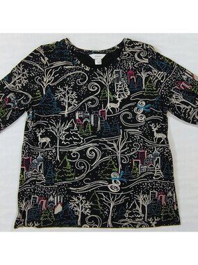 CJ Banks Winter Scene Long Sleeve Black Knit Top Womens X Cotton Blend Holiday